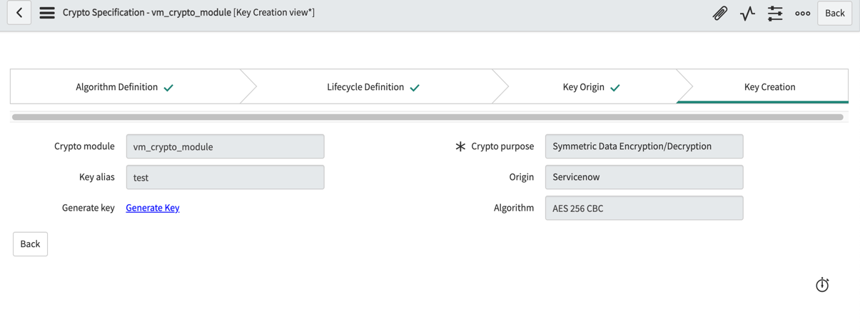 入力されたフィールドと [キーの生成] オプションが強調表示された暗号化仕様の [キー作成] ビュー。