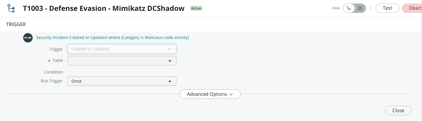 T1003 - 방어 회피 - Mimikatz DCShadow 플레이북에 대한 트리거 조건입니다.