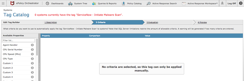 McAfee ePO에 ServiceNow 태그가 필요하다는 메시지가 표시됩니다.