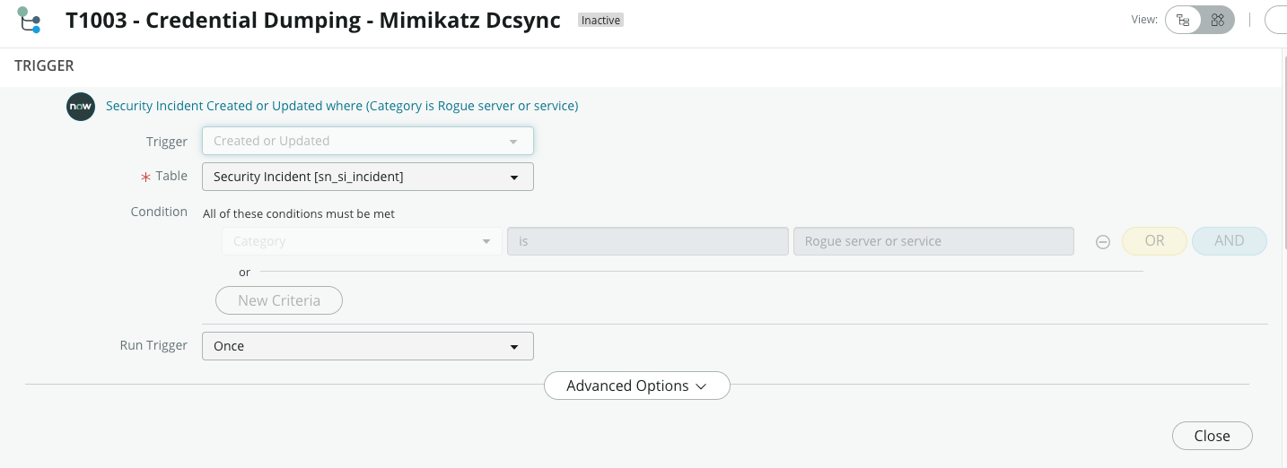 T1003 - 자격 증명 덤핑 - Mimikatz DCSync 플레이북에 대한 트리거 조건입니다.
