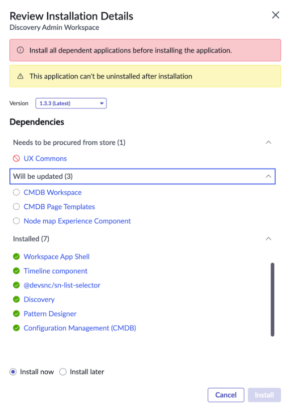 Installationsdetails mit einer Warnmeldung mit der Meldung „Installieren Sie alle abhängigen Anwendungen, bevor Sie die Anwendung installieren“. Die Liste der Abhängigkeiten zeigt, dass eine Anwendung von bezogen werden muss ServiceNow Store.