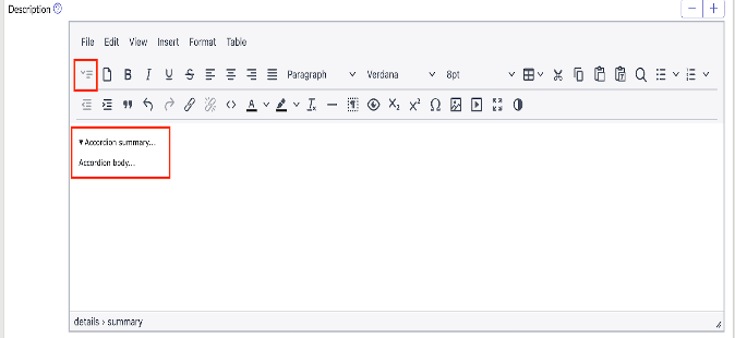 TinyMCE v6.8.3 Akkordeon-Zusammenfassung und -Text