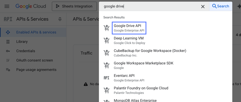Suche nach Google Drive-API.