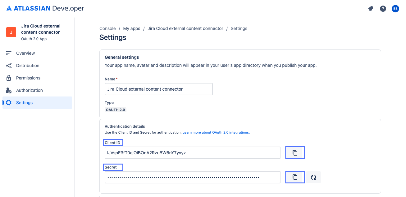 Felder „Client-ID“ und „Geheimnis“ auf Atlassian Seite „Einstellungen der Entwicklerkonsole“.