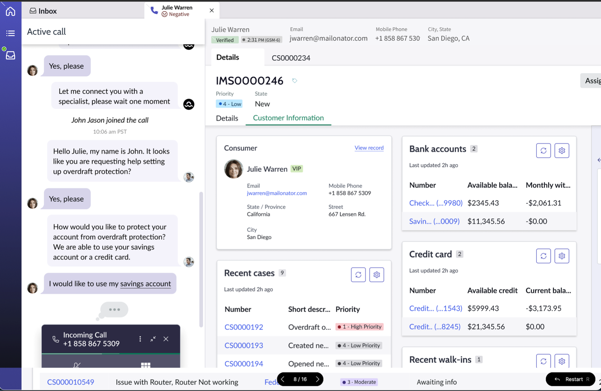 Agent Workspace page with customer details and conversations displayed.