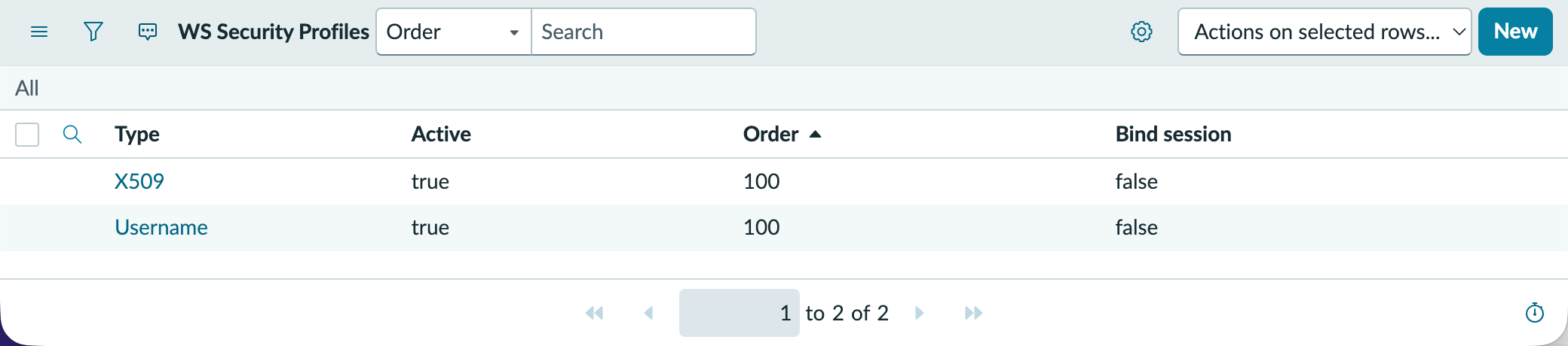 WS Security Profiles table is populated with X509 and Username record types.