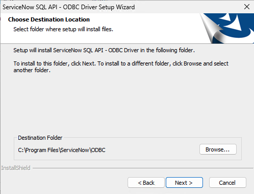 ODBC driver setup wizard-choose destination folder.