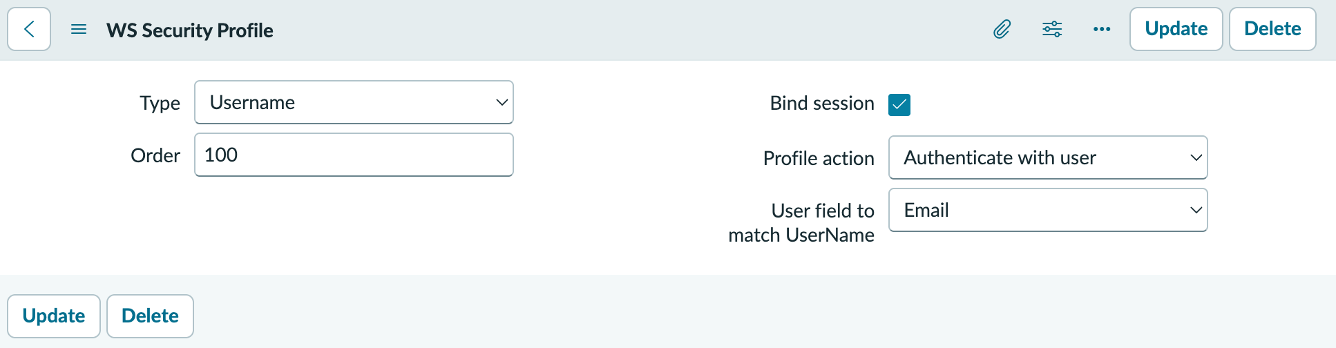 WS Security Profile form is populated with Username type and the profile action set to 'authenticate with user'.
