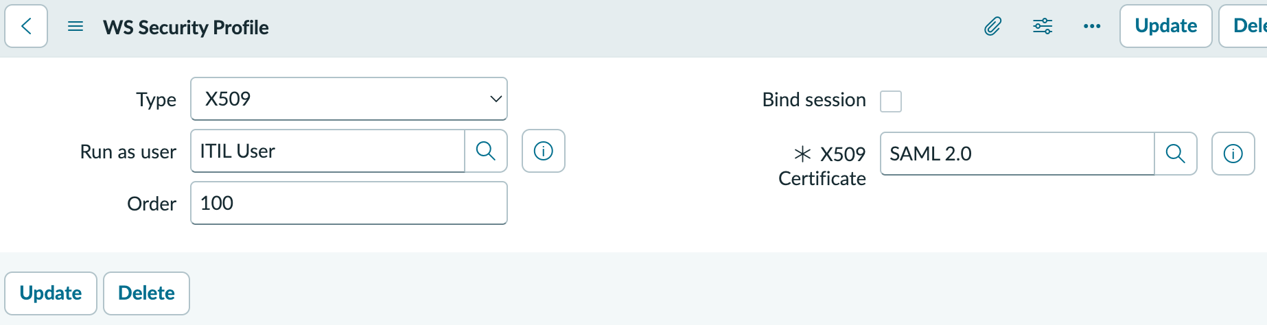 WS Security Profile form is populated with a user type, order, and certificate.