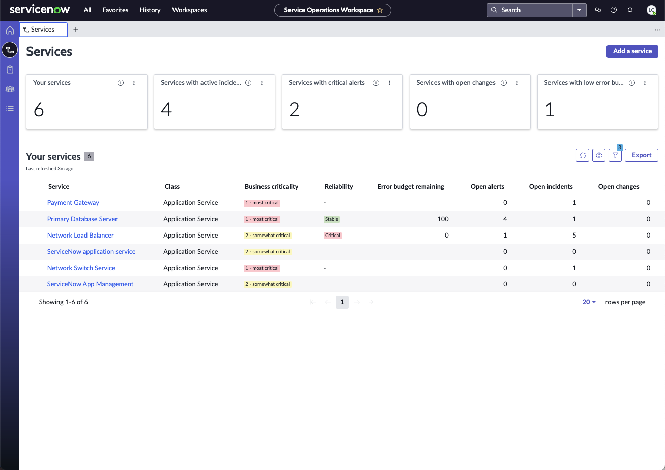 Page Services affichant la liste de vos services