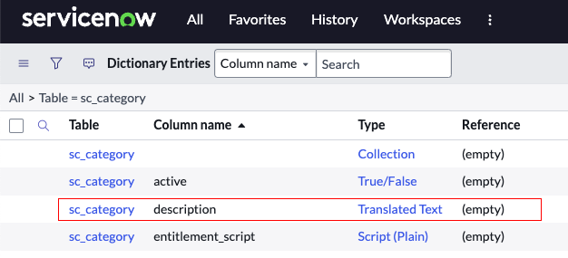 Dictionary Entry table showing a table field's dictionary record with matching Table and Column name.