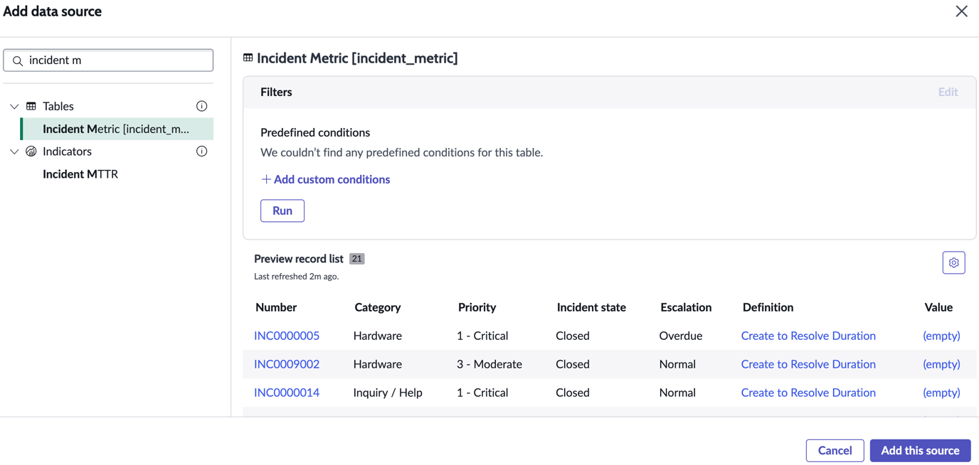 The Incident Metric database view selected for a visualization