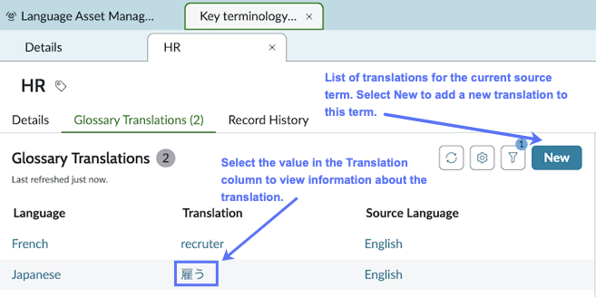 A source term's list of translations on the Glossary Translations tab. A value in the Translation column is highlighted, and also the New button, for adding a translation.