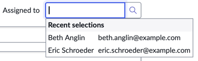 An empty reference field to the User table displaying a list of two recent user selections: Beth Anglin and Elmo Gabouer.