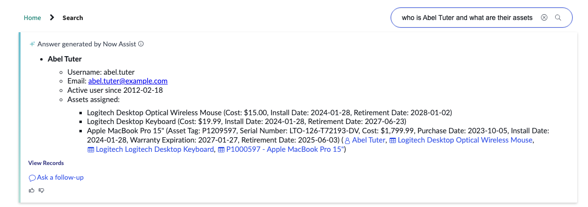 Now Assist Genius Result answer card showing synthesized response containing user and Service Catalog item details with source record citations.