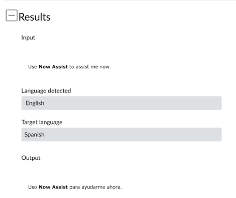 The sample input is translated from English to Spanish. The match is highlighted with bold font.