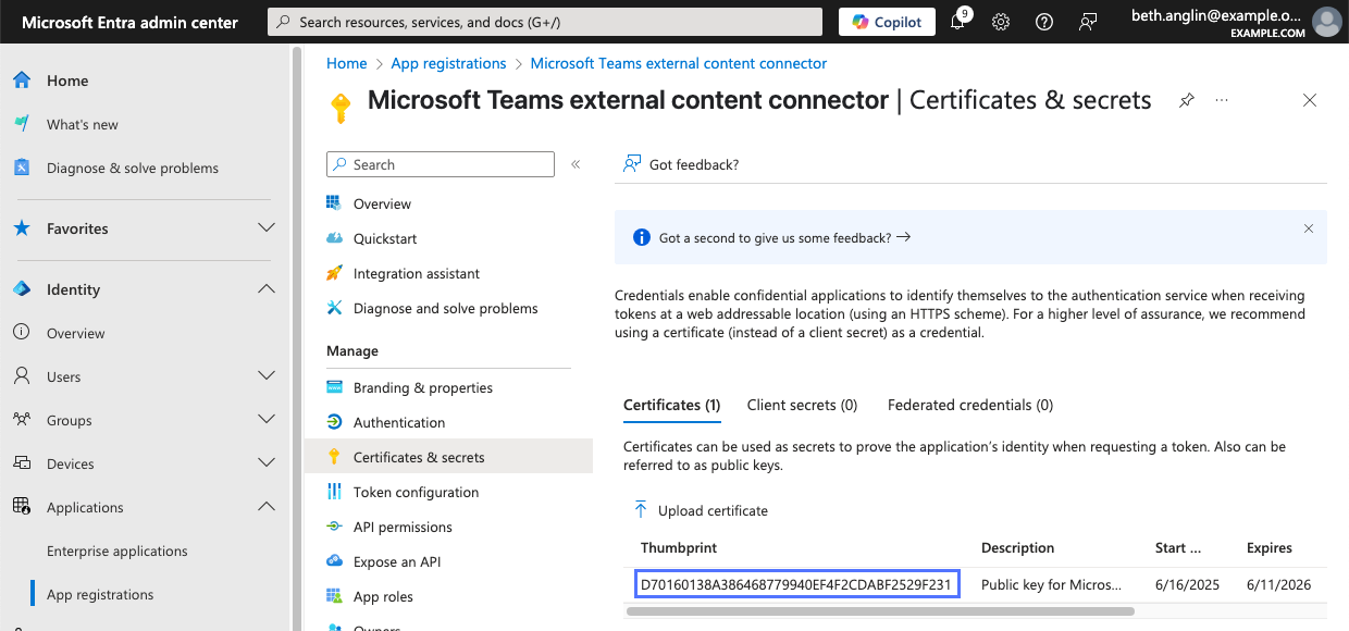 Application's Certificates & secrets page in Microsoft Entra admin center showing thumbprint SHA1 hash value for uploaded certificate.