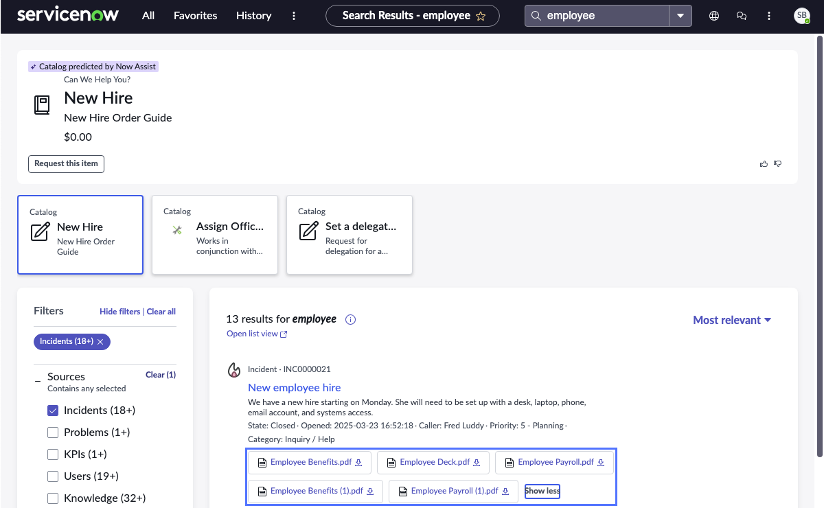 Search results page showing incident search result with five grouped attachment results and Show less link.