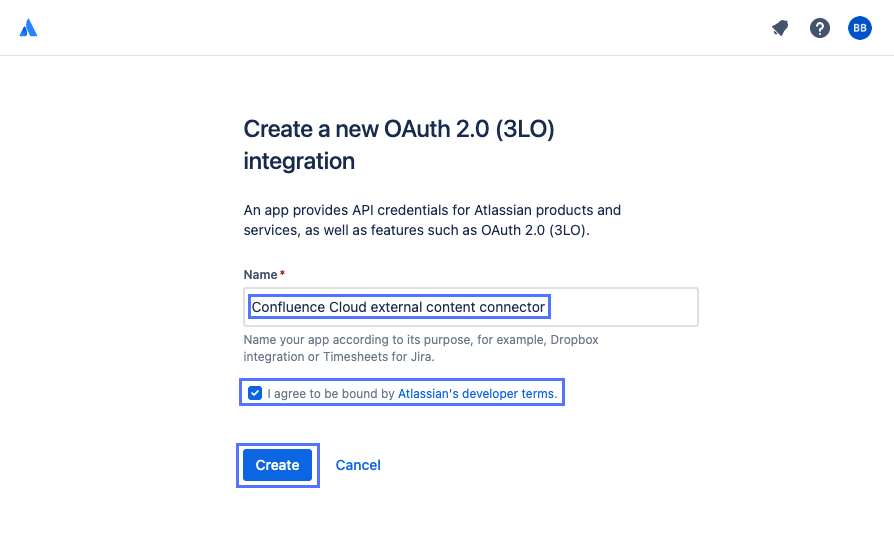 OAuth 2.0 (3LO) integration name, Atlassian developer terms option, and Create button on Atlassian Developer console.