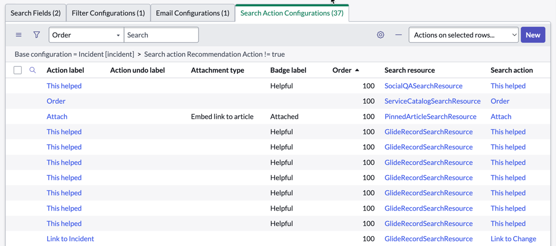 Search actions displayed in the Search Action Configurations related list.