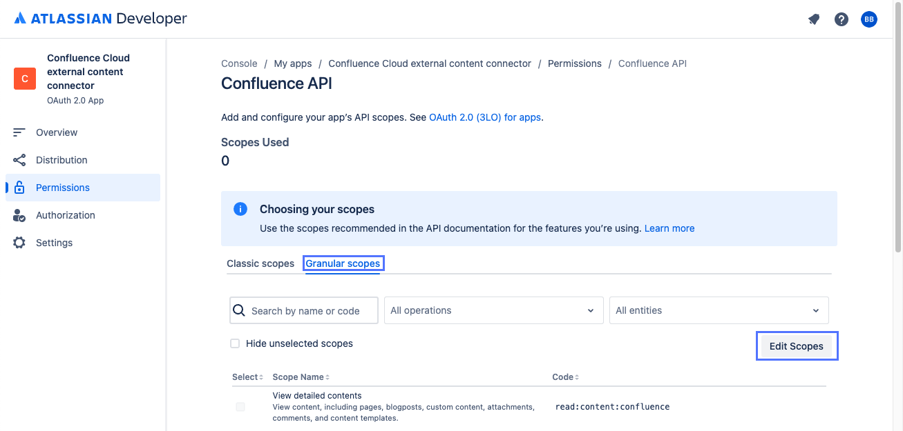 Edit Scopes button on Atlassian Developer console Permissions page.