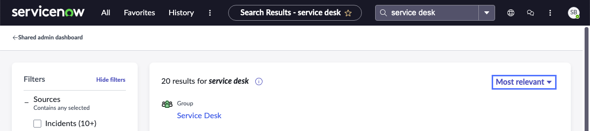 Detail of global search results page with search results sort order menu highlighted.