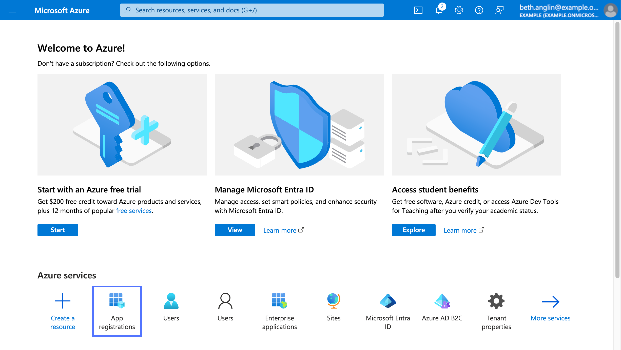 Microsoft Azure portal with App registrations service highlighted.
