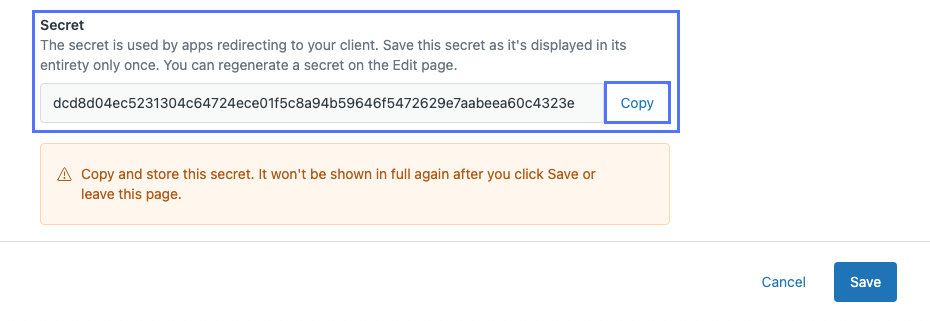 Add OAuth client page in Zendesk showing generated client secret.