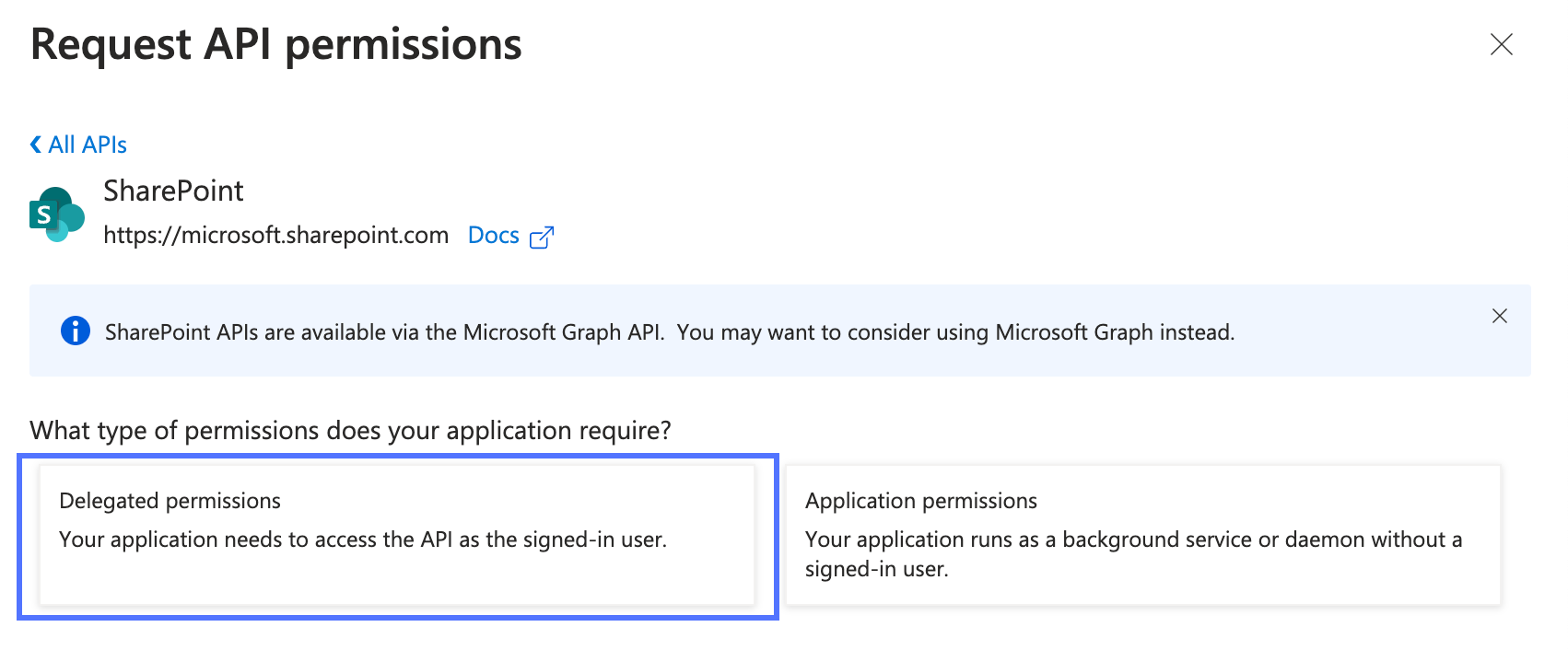 Microsoft Azure portal Request API permissions page with delegated permissions type highlighted.