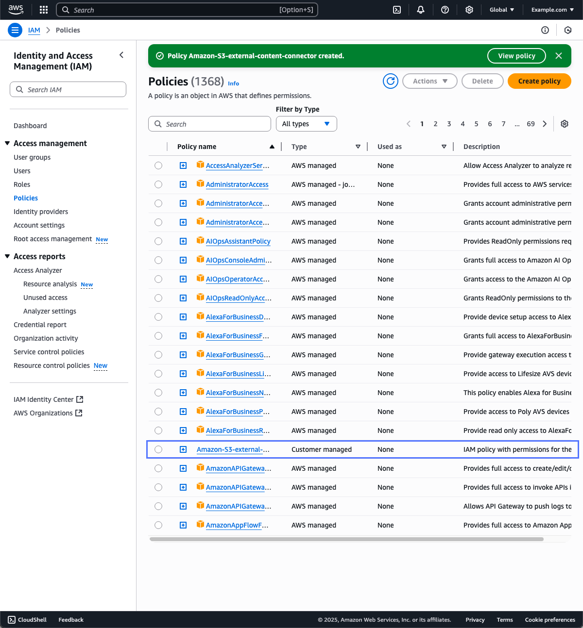 Policies list showing newly created policy in AWS Management Console IAM web service.