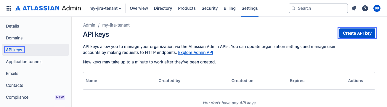 Create API key button on API keys page of Atlassian Administration console Settings section.