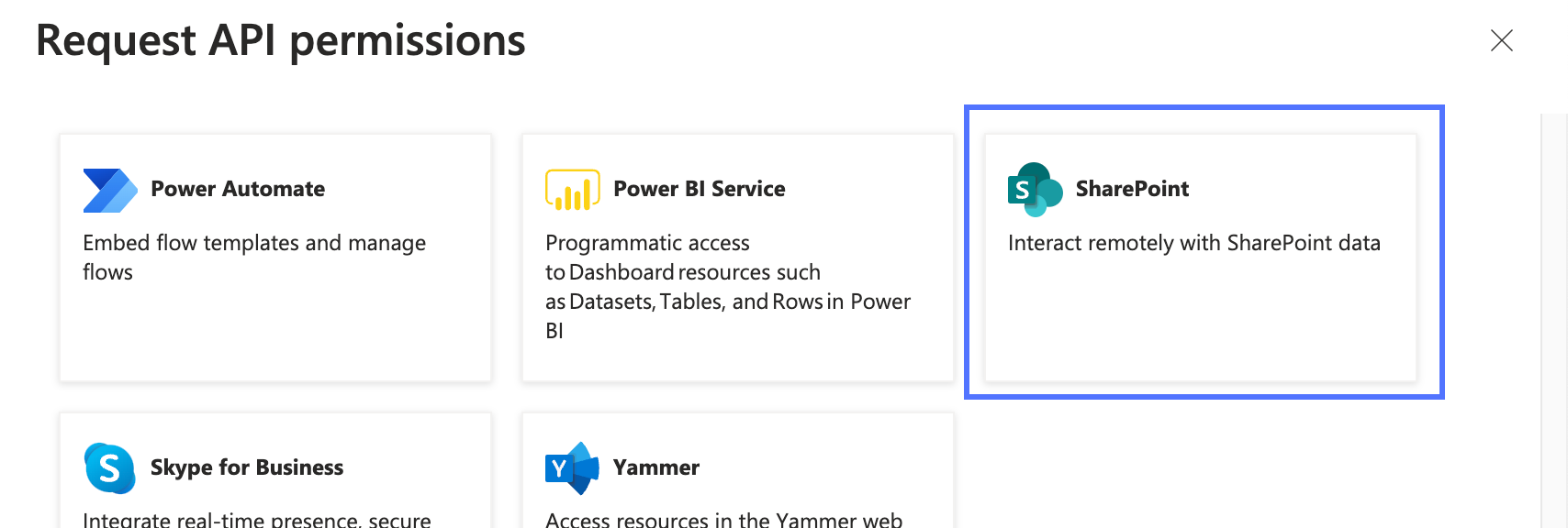 Microsoft Azure portal Request API permissions page with SharePoint API highlighted.