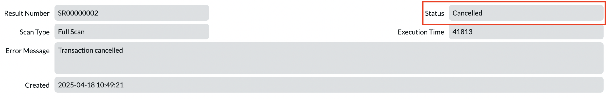 Screenshot showing cancelled status