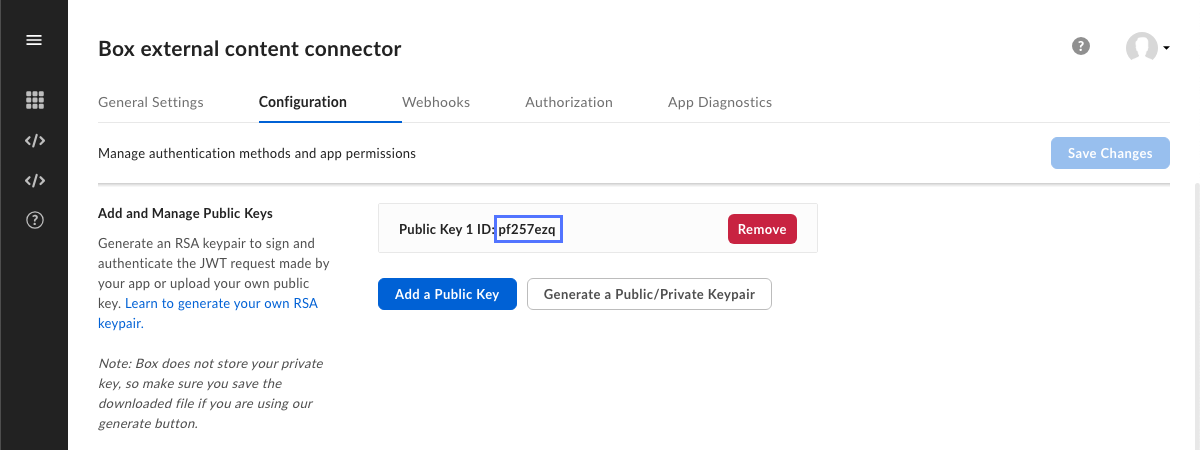ID shown for new public key in Box developer console.