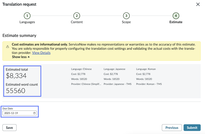 The Estimate step in the Translation Request wizard in Localization Workspace, with an example estimated total highlighted.