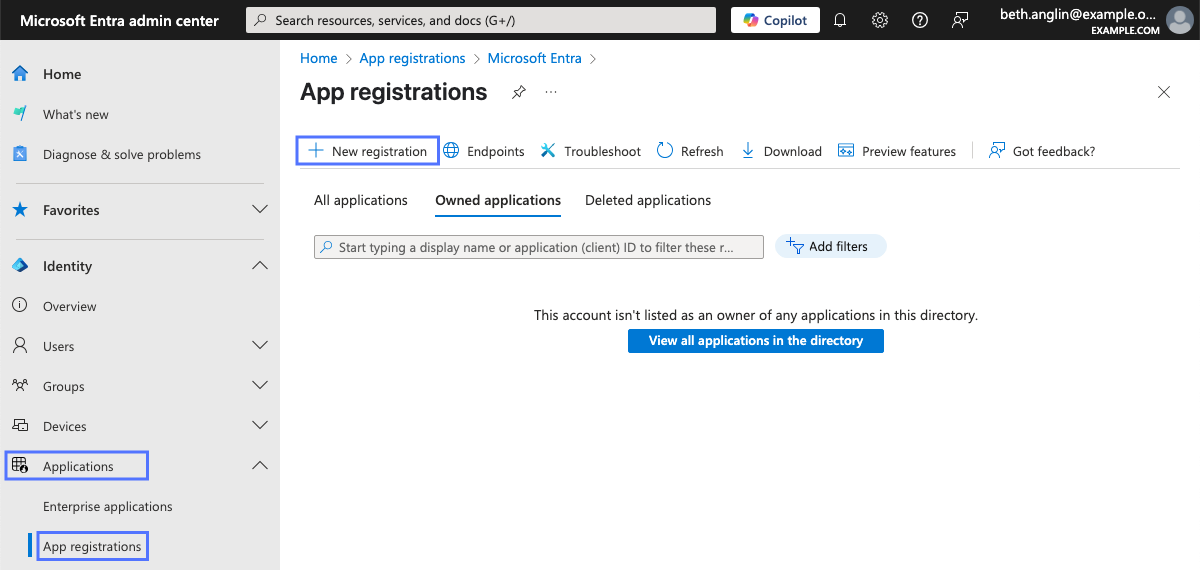 App registrations page in Microsoft Entra admin center with New registration link.