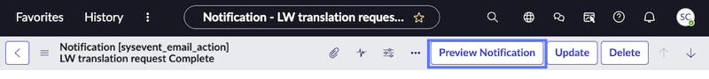 The Preview Notification button is highlighted on a submitted email notification record.