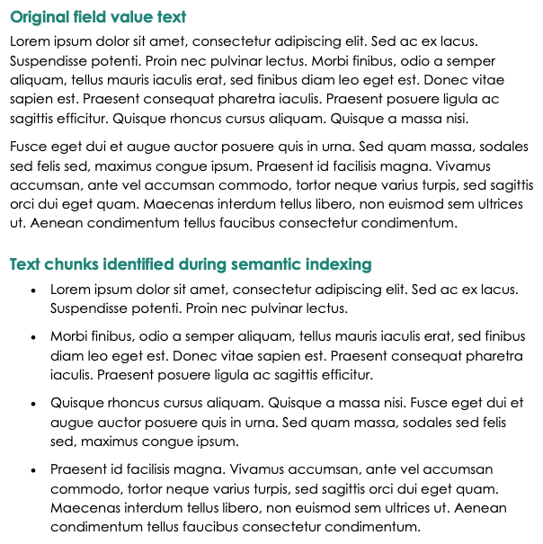 Two paragraphs of sample text and four multi-sentence text chunks identified when the text is semantically indexed.