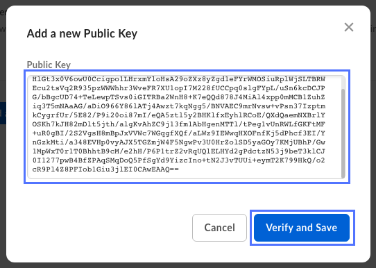 Add a new Public Key dialog box in Box developer console.