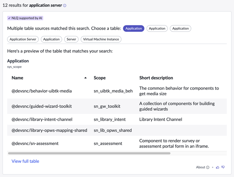 NLQ Genius Result answer card showing pills for multiple tables that matched your search, along with preview records from selected pill.