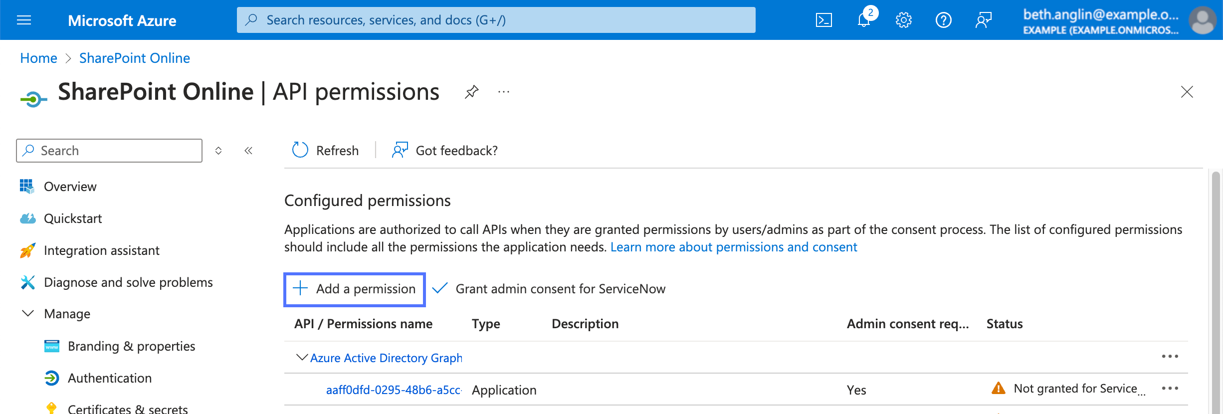 Microsoft Azure portal application page with Add a permission link highlighted.