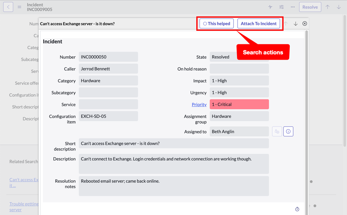 Search actions for a contextual search result.