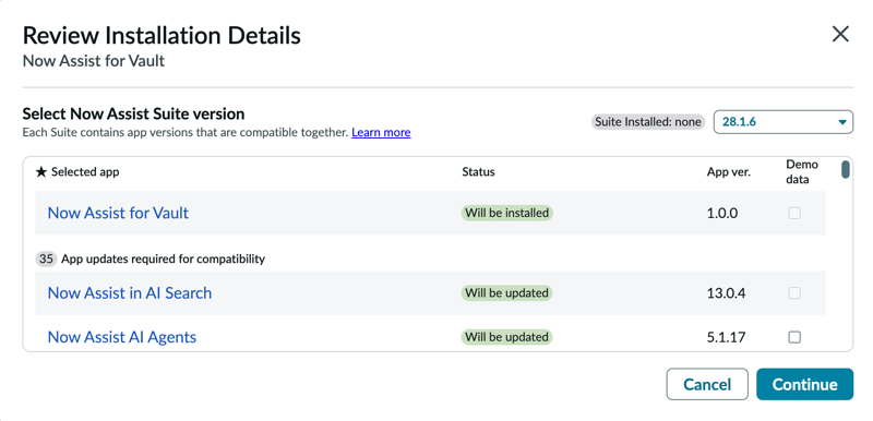 Based on the Now Assist suite version selected, 35 other Now Assist applications need to be updated for compatibility.