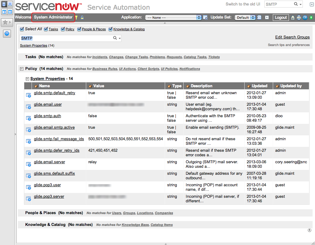 Search results for system administrator search in System Property table.