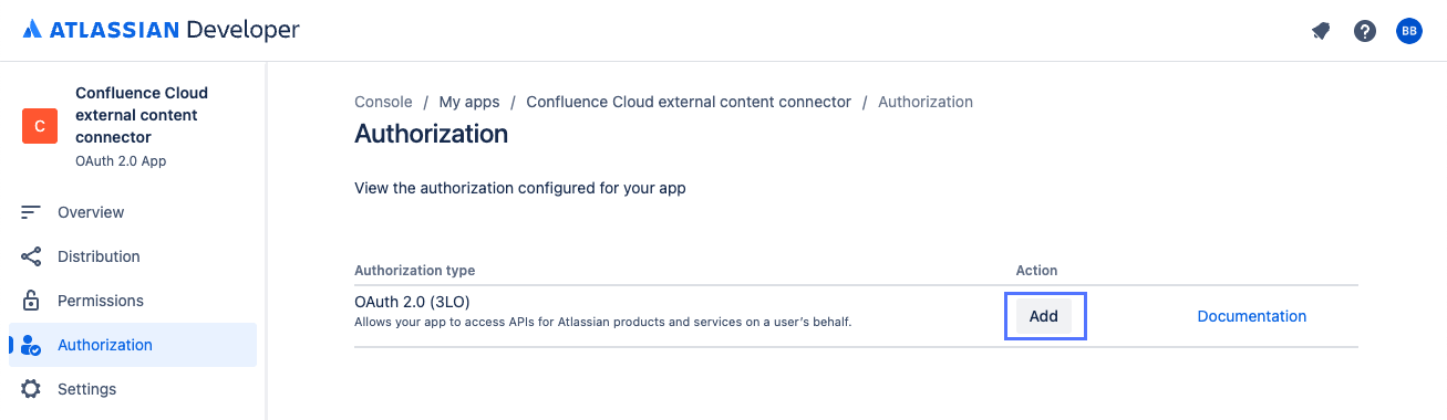 Add OAuth 2.0 (3LO) authorization button on Atlassian Developer console Authorization page.