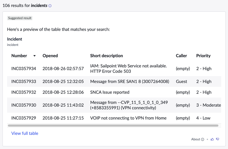 NLQ Genius Result answer card showing preview records from a single table that matched your query, with answer type, View full table link, About link, and thumbs-up and thumbs-down feedback links.