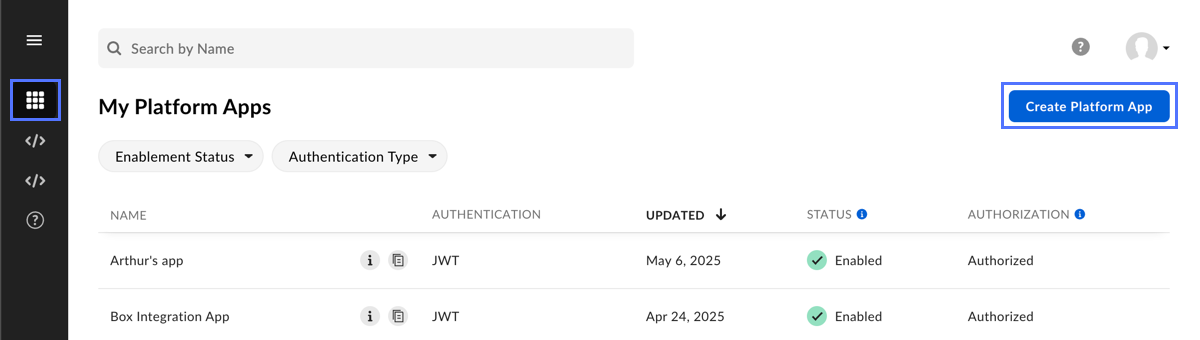My Platform Apps screen in Box developer console.