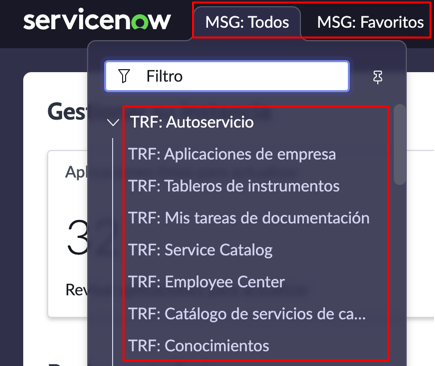 The application navigator with MSG and TRF prefixes for the navigator and application strings.