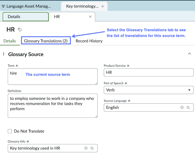 A source term's Details tab, showing fields such as the Definition. The Glossary Translation tab is highlighted, the way to view this term's translations.
