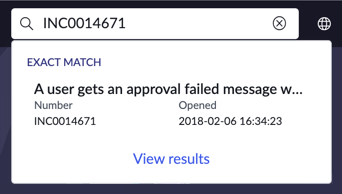 Unified Navigation showing exact match preview for Incident record.